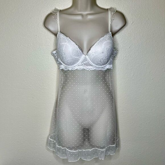 NWOT Jessica Simpson Stretch Mesh Dot Babydoll Cream Floral Lace Women Large - Picture 15 of 15